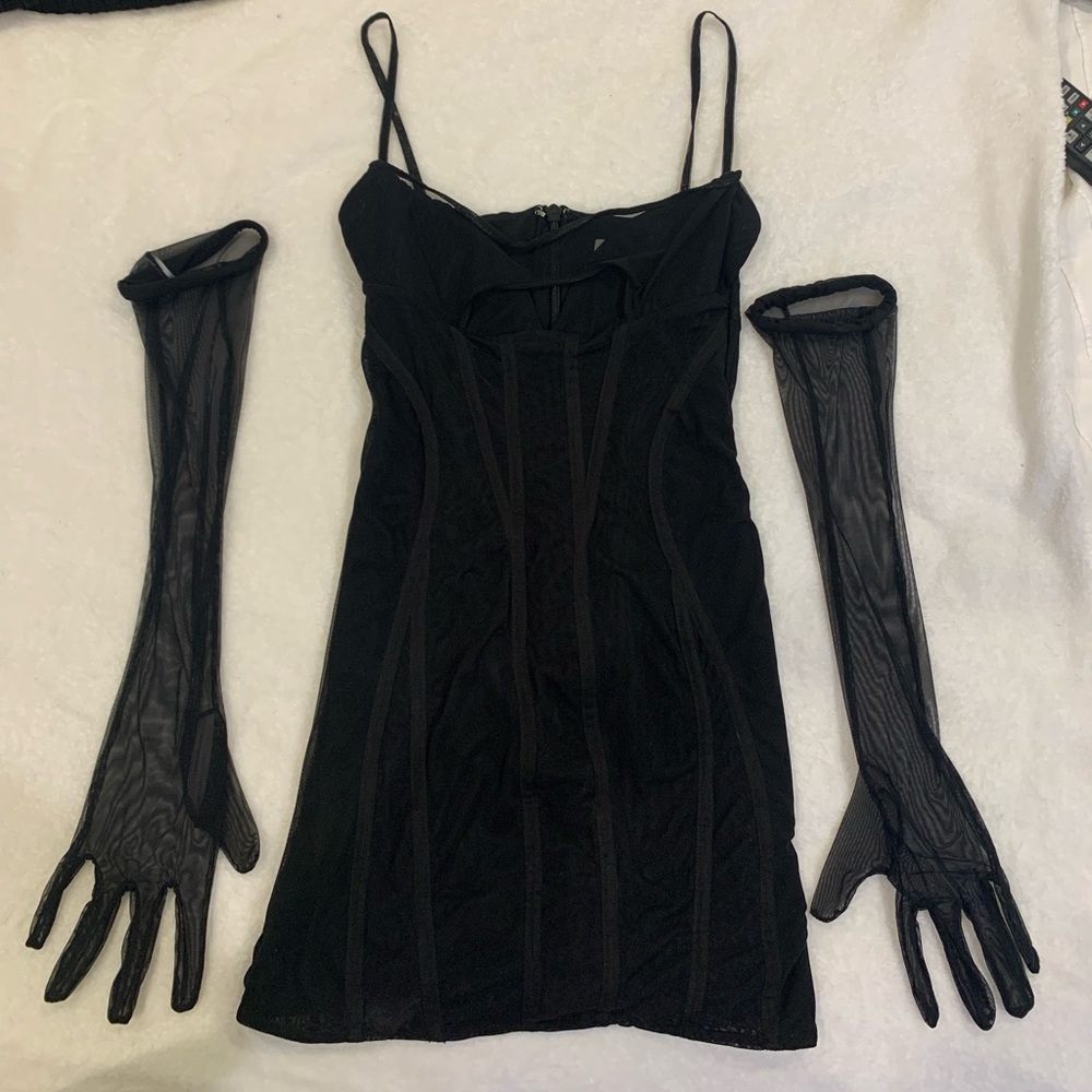 black mini dress with sheer gloves